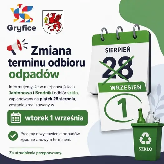 Zmiana terminu odbioru szkła w Jabłonowie i Brodnikach