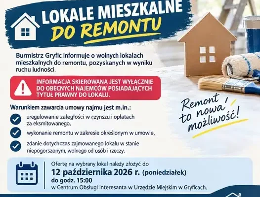Gryfice: wolne lokale mieszkalne do remontu — oferty tylko dla obecnych najemców