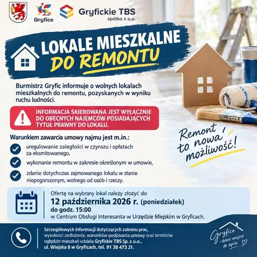 Gryfice: wolne lokale mieszkalne do remontu — oferty tylko dla obecnych najemców